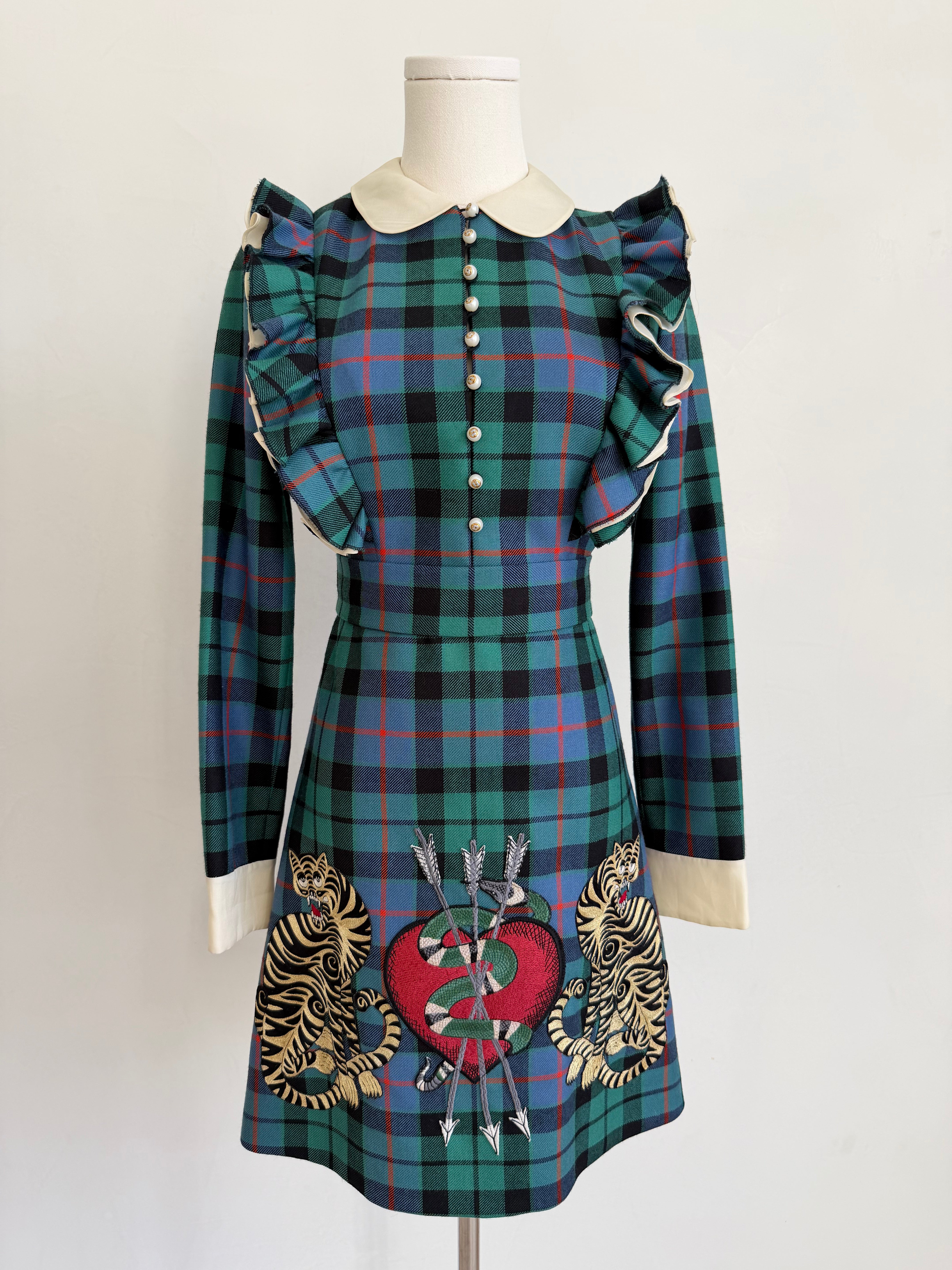 Plaid Dress with Tiger, Snake & Heart Embroidery