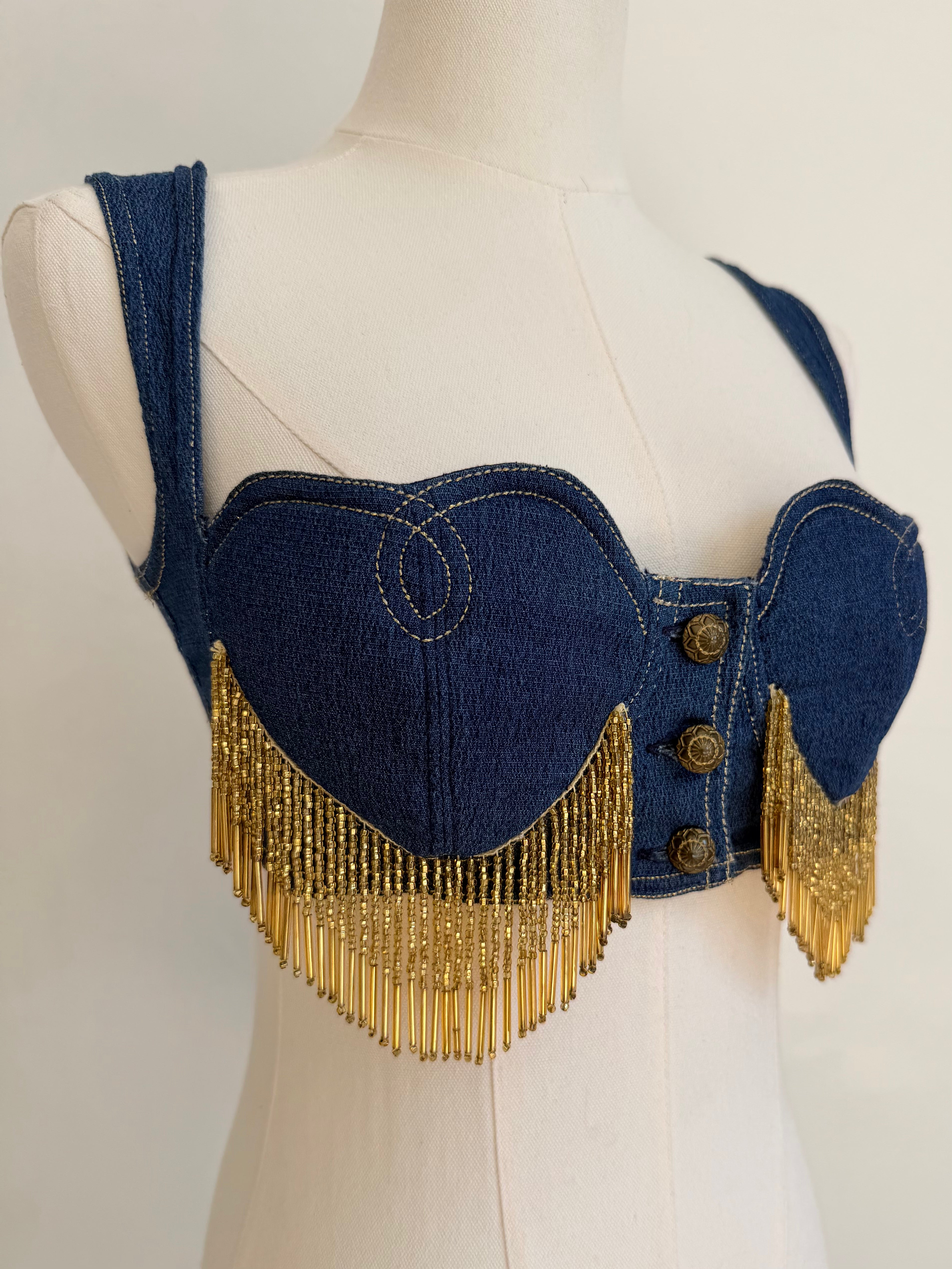 Heart Denim with Gold Fringe Bustier Top