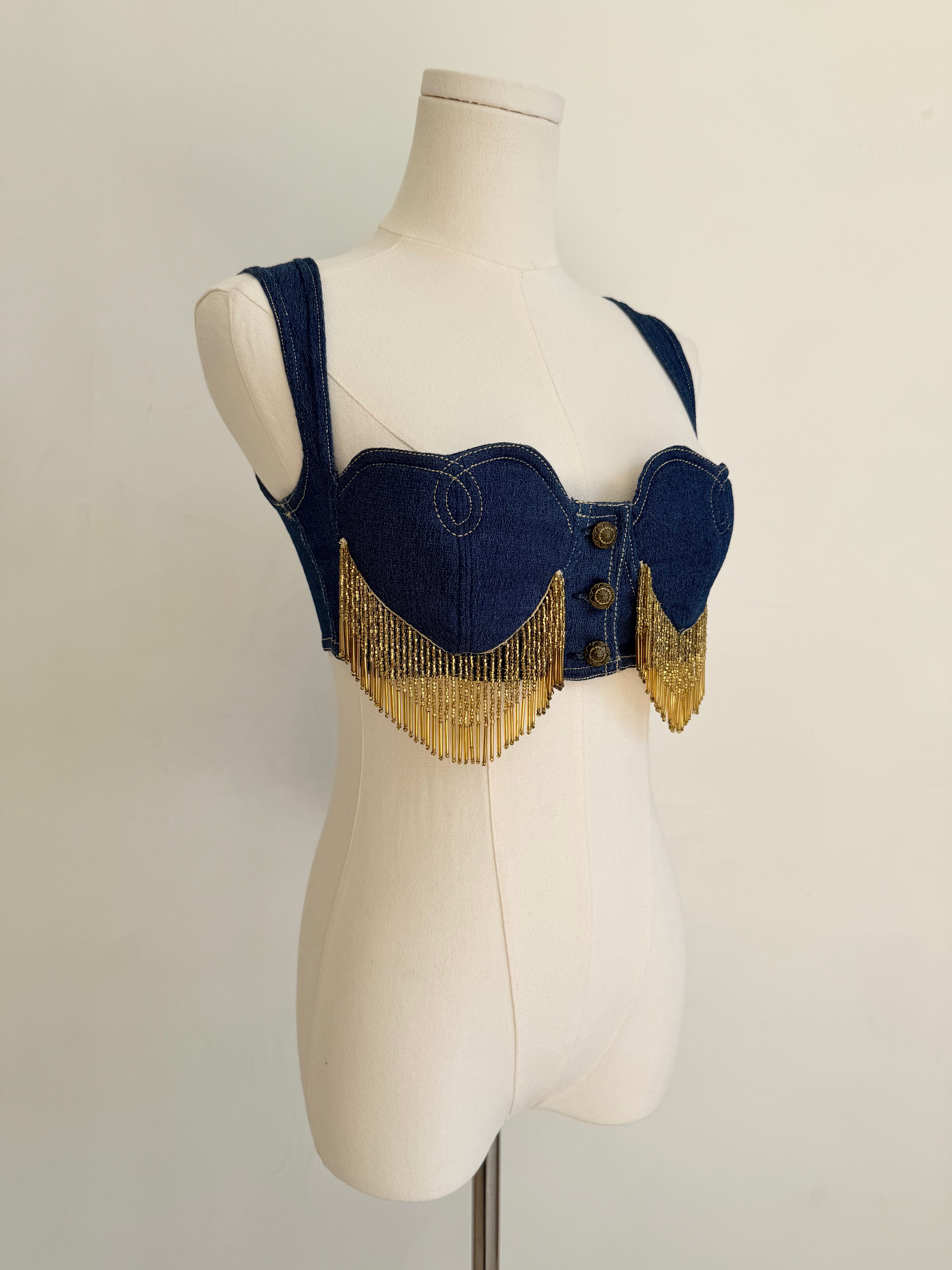 Heart Denim with Gold Fringe Bustier Top