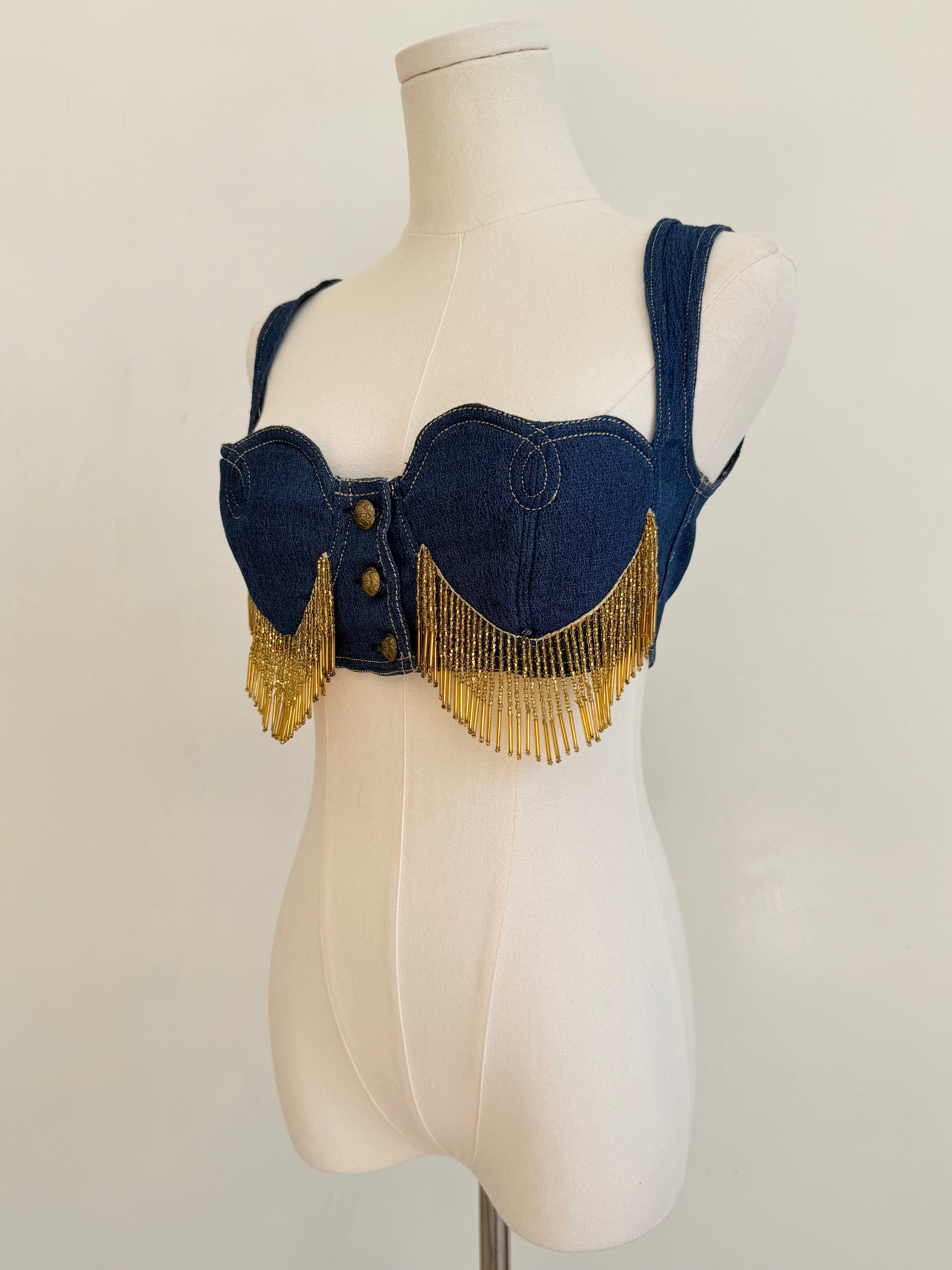 Heart Denim with Gold Fringe Bustier Top