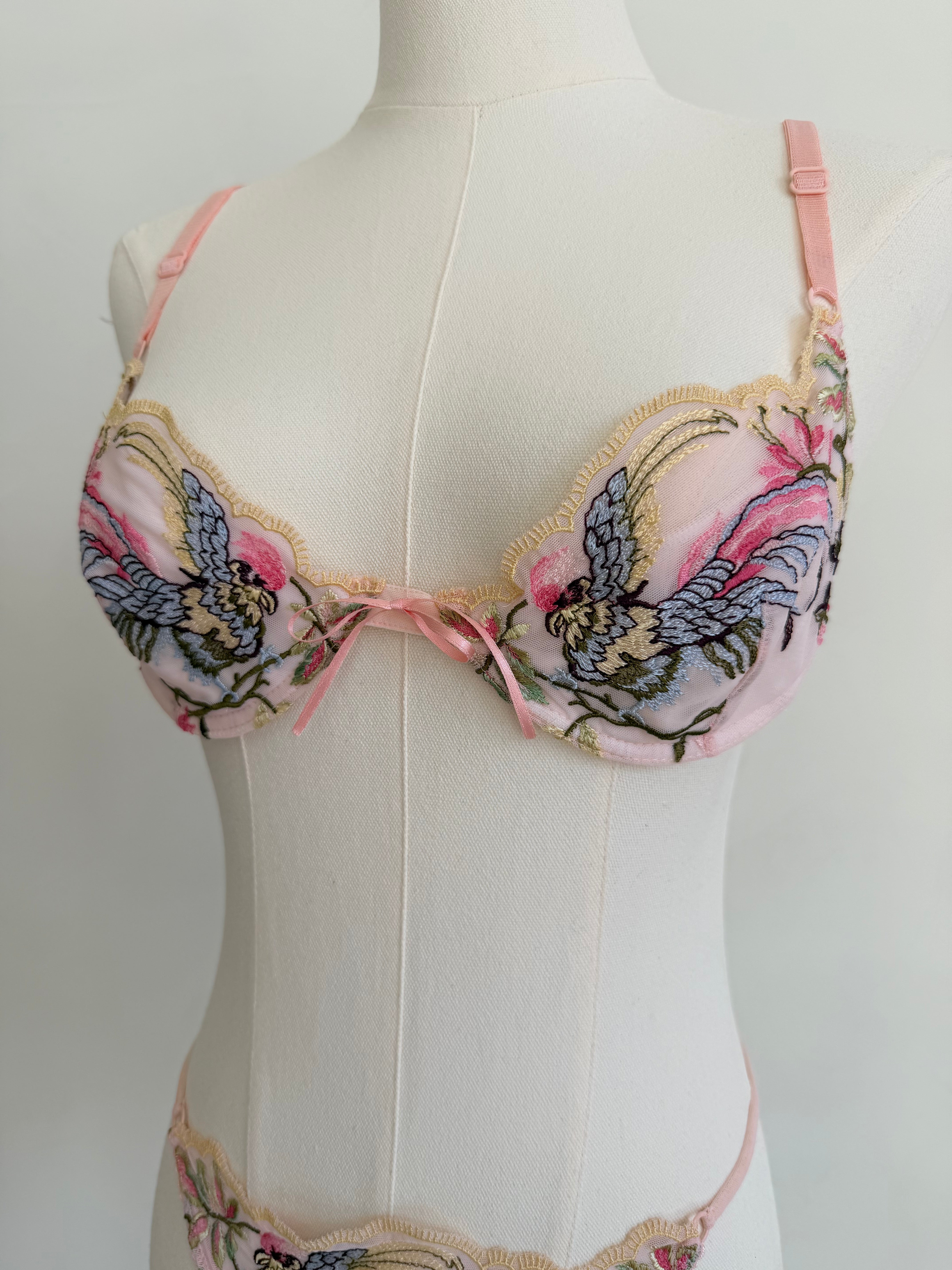 Pink Bird & Floral Embroidered 3-Piece Lingerie Set
