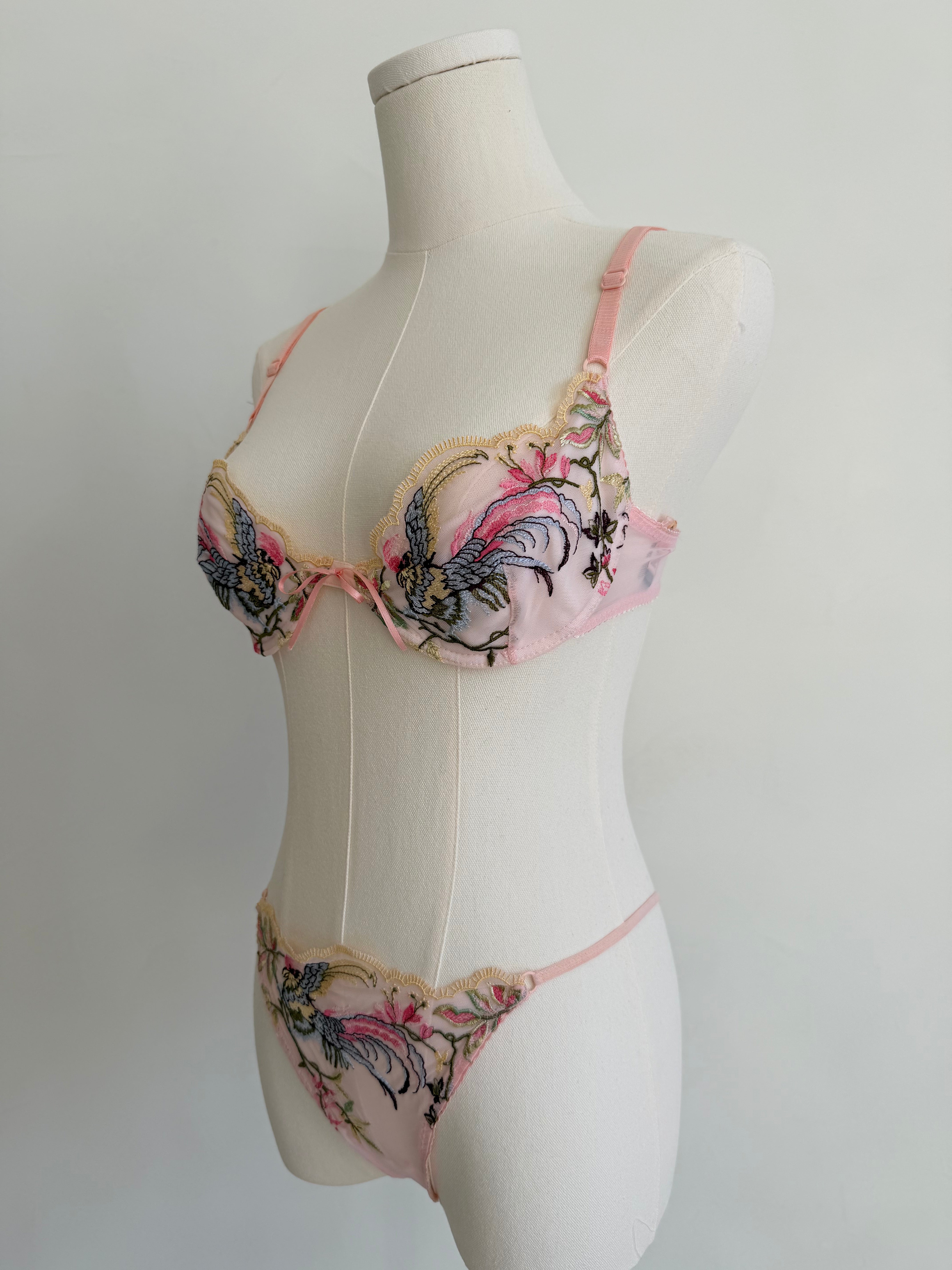 Pink Bird & Floral Embroidered 3-Piece Lingerie Set