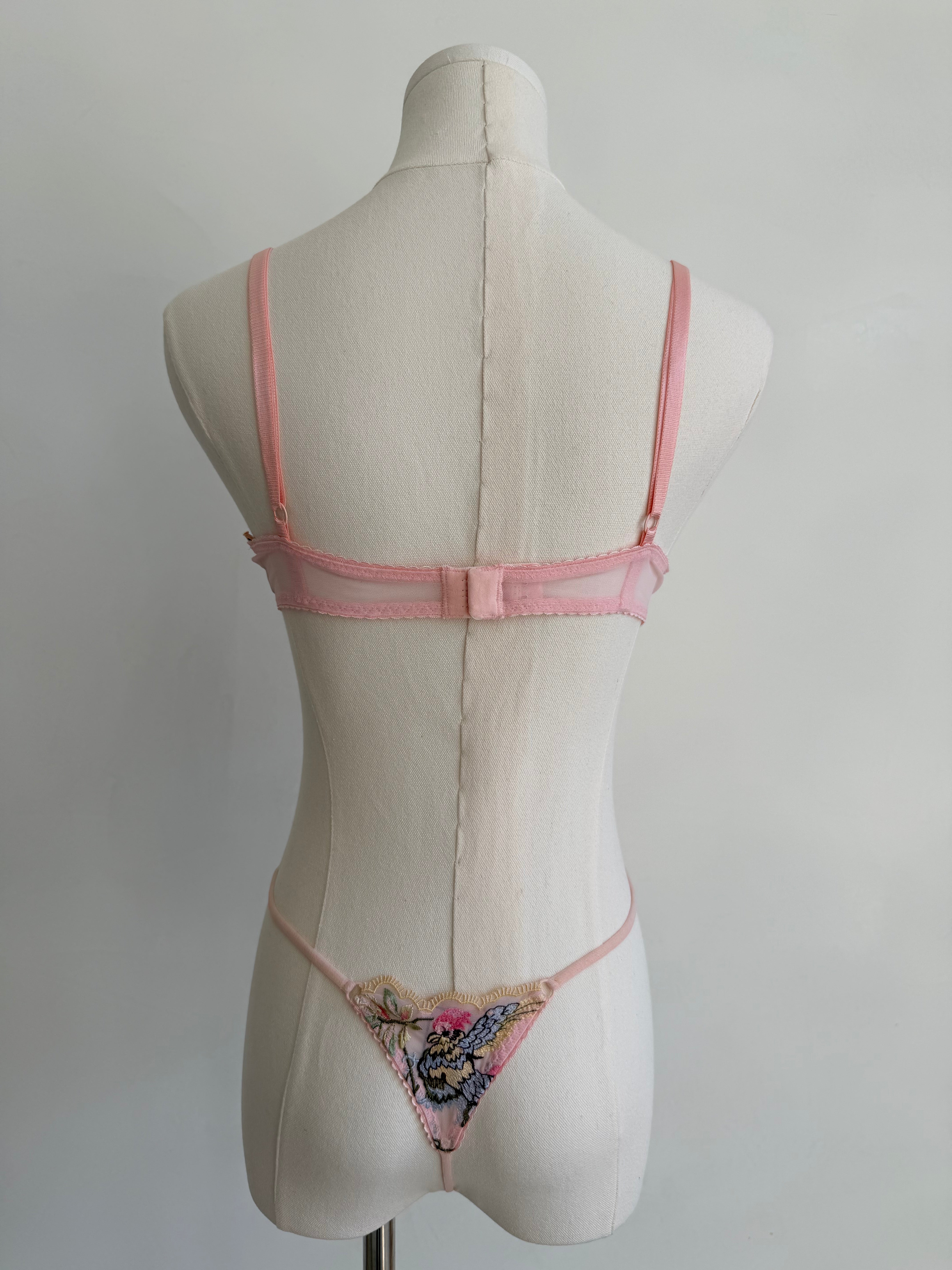 Pink Bird & Floral Embroidered 3-Piece Lingerie Set