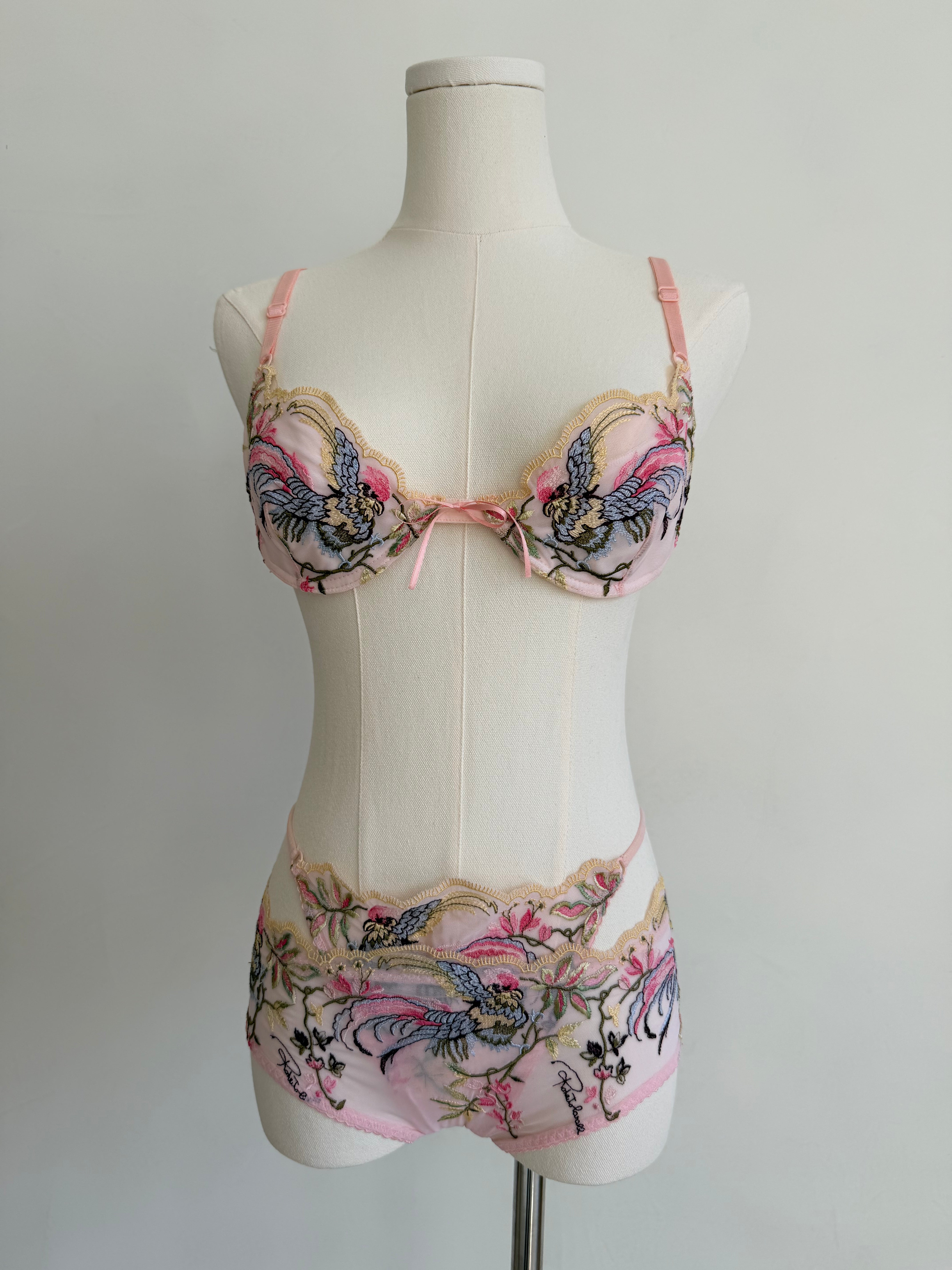 Pink Bird & Floral Embroidered 3-Piece Lingerie Set