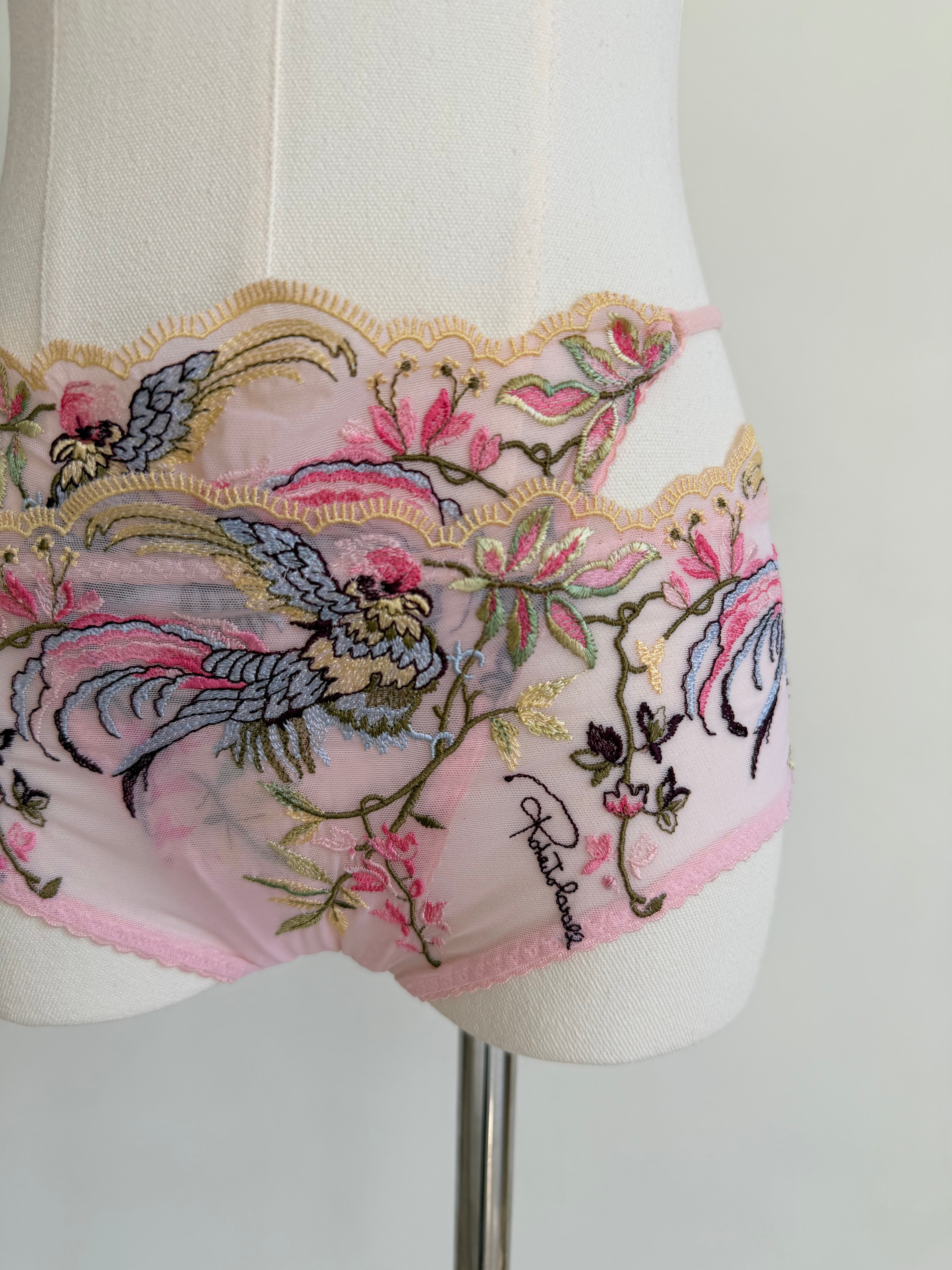 Pink Bird & Floral Embroidered 3-Piece Lingerie Set