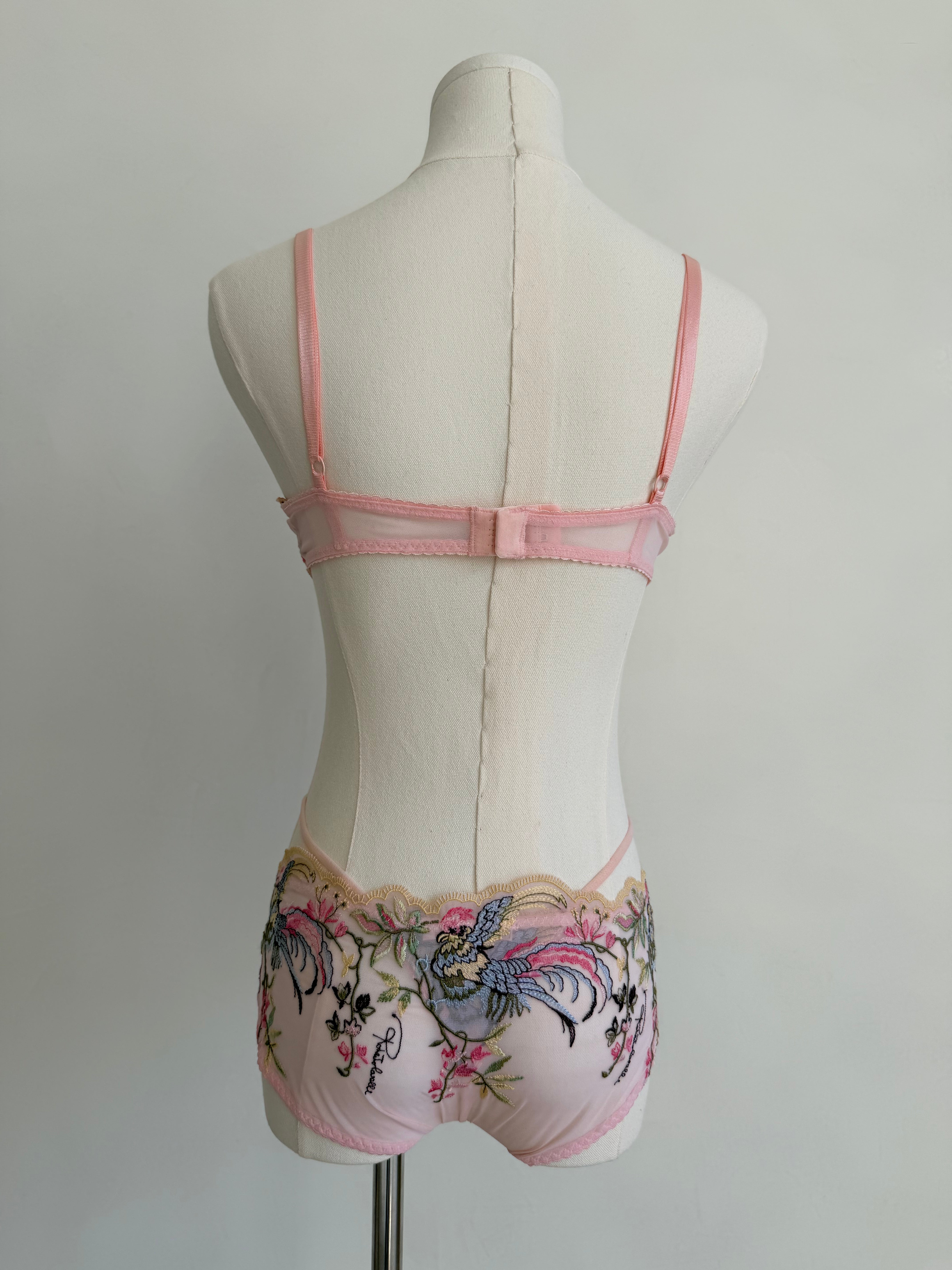 Pink Bird & Floral Embroidered 3-Piece Lingerie Set