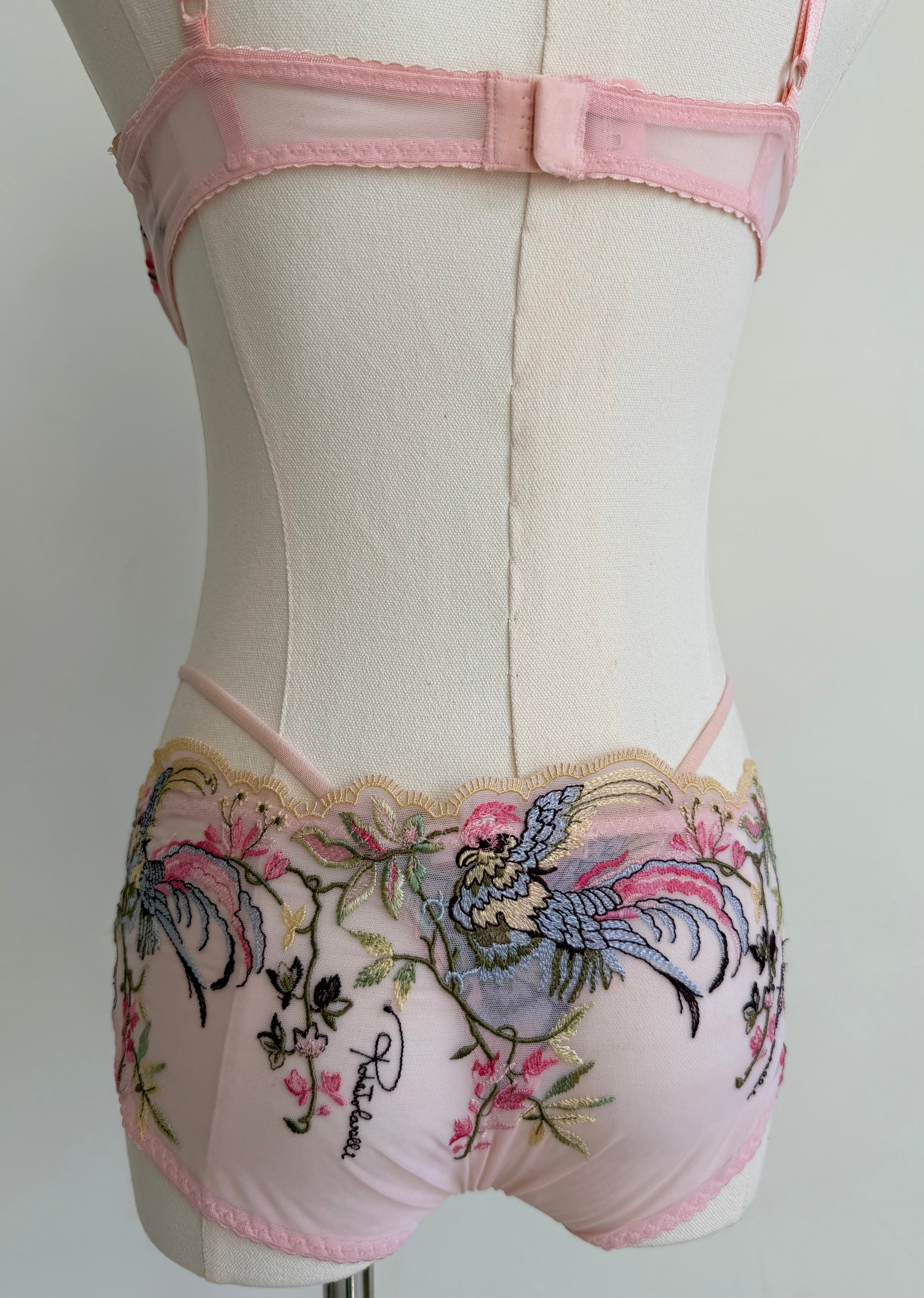 Pink Bird & Floral Embroidered 3-Piece Lingerie Set