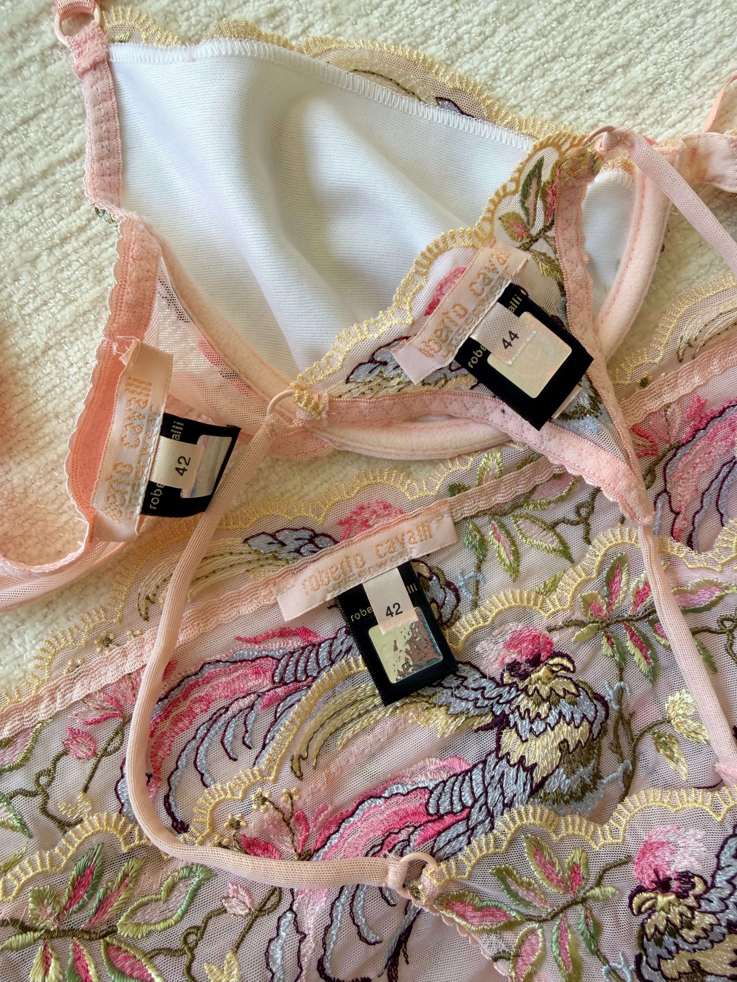 Pink Bird & Floral Embroidered 3-Piece Lingerie Set