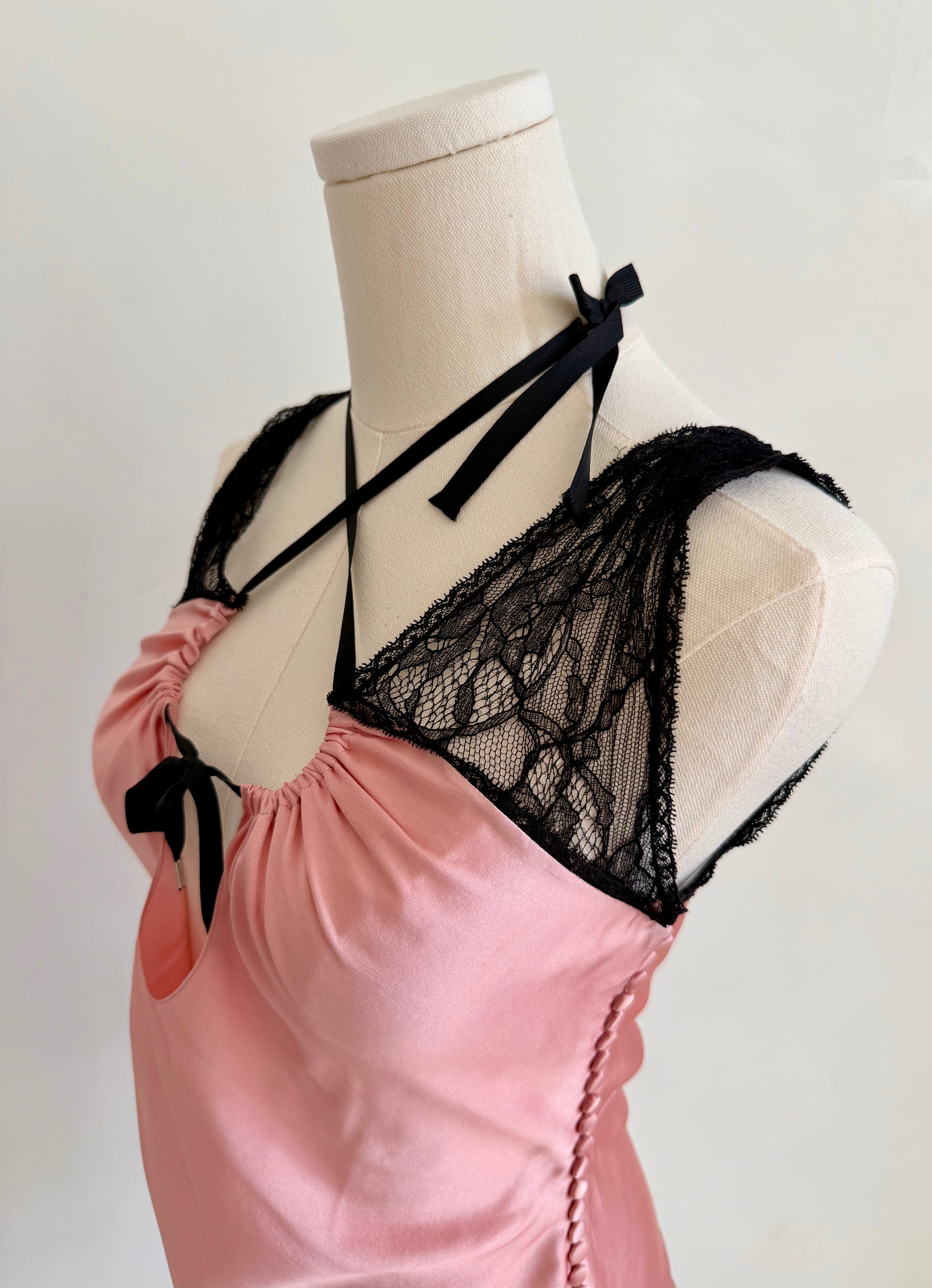 Pink Silk Tank with Black Lace Sleeves