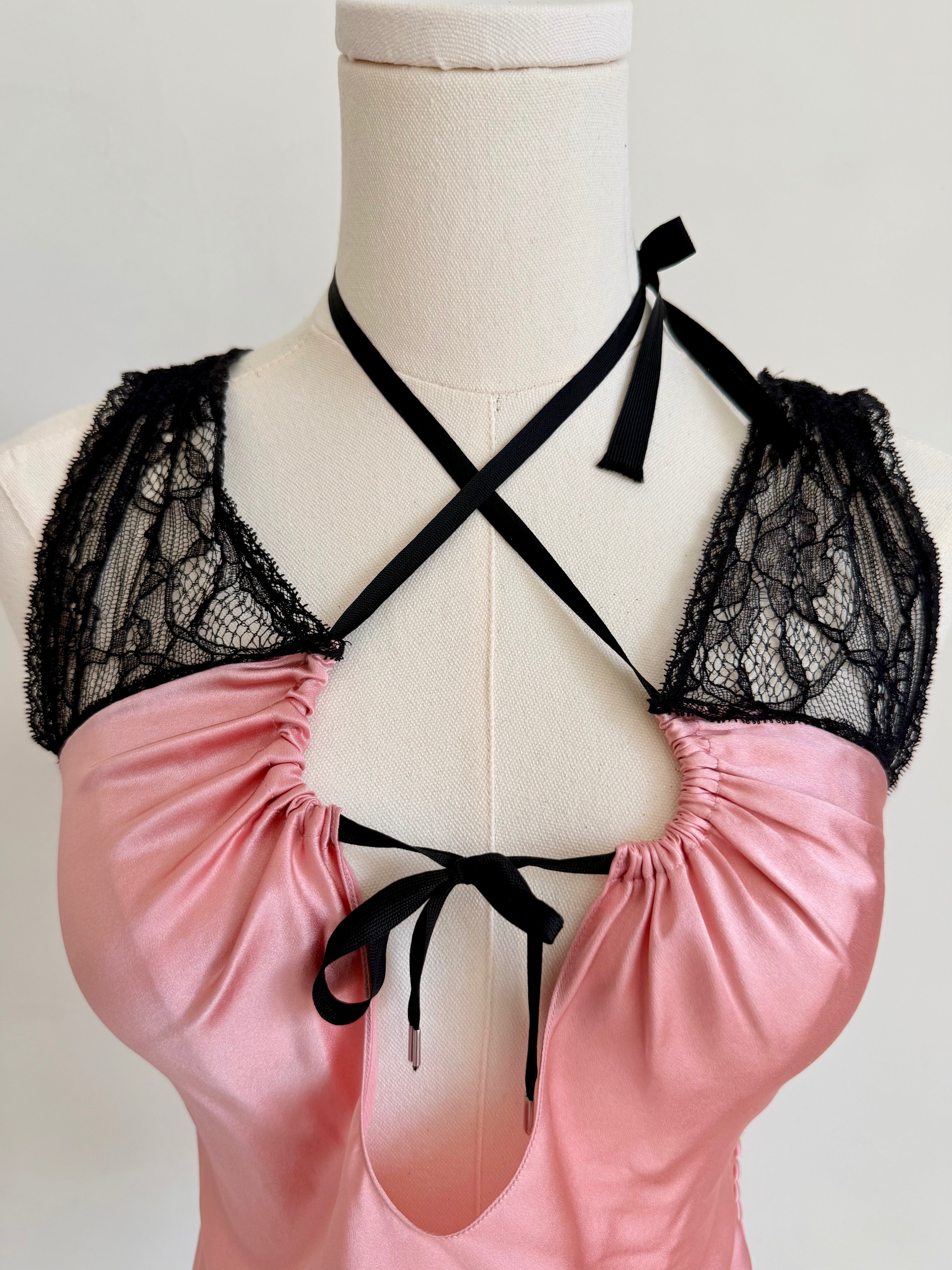 Pink Silk Tank with Black Lace Sleeves