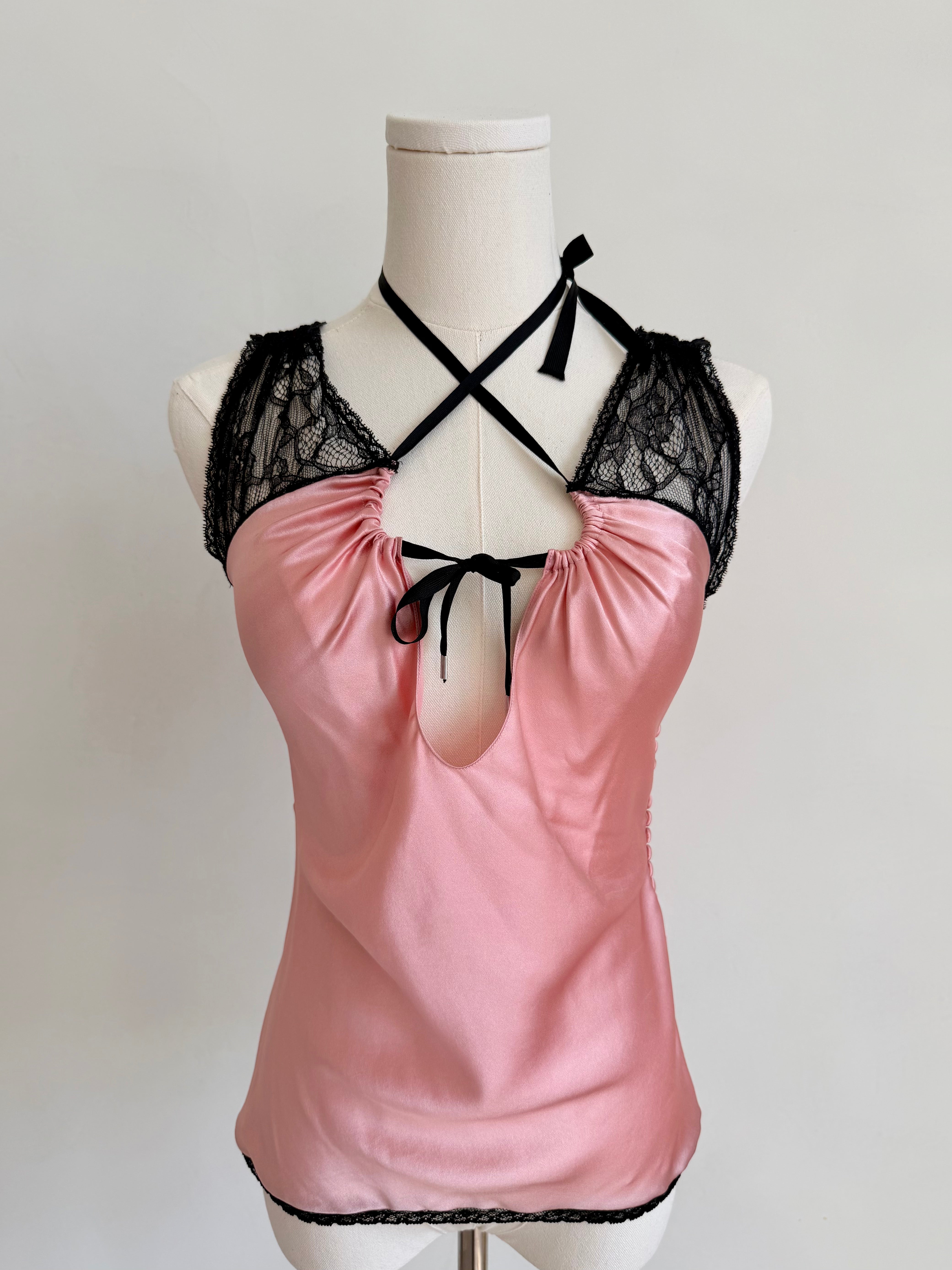 Pink Silk Tank with Black Lace Sleeves
