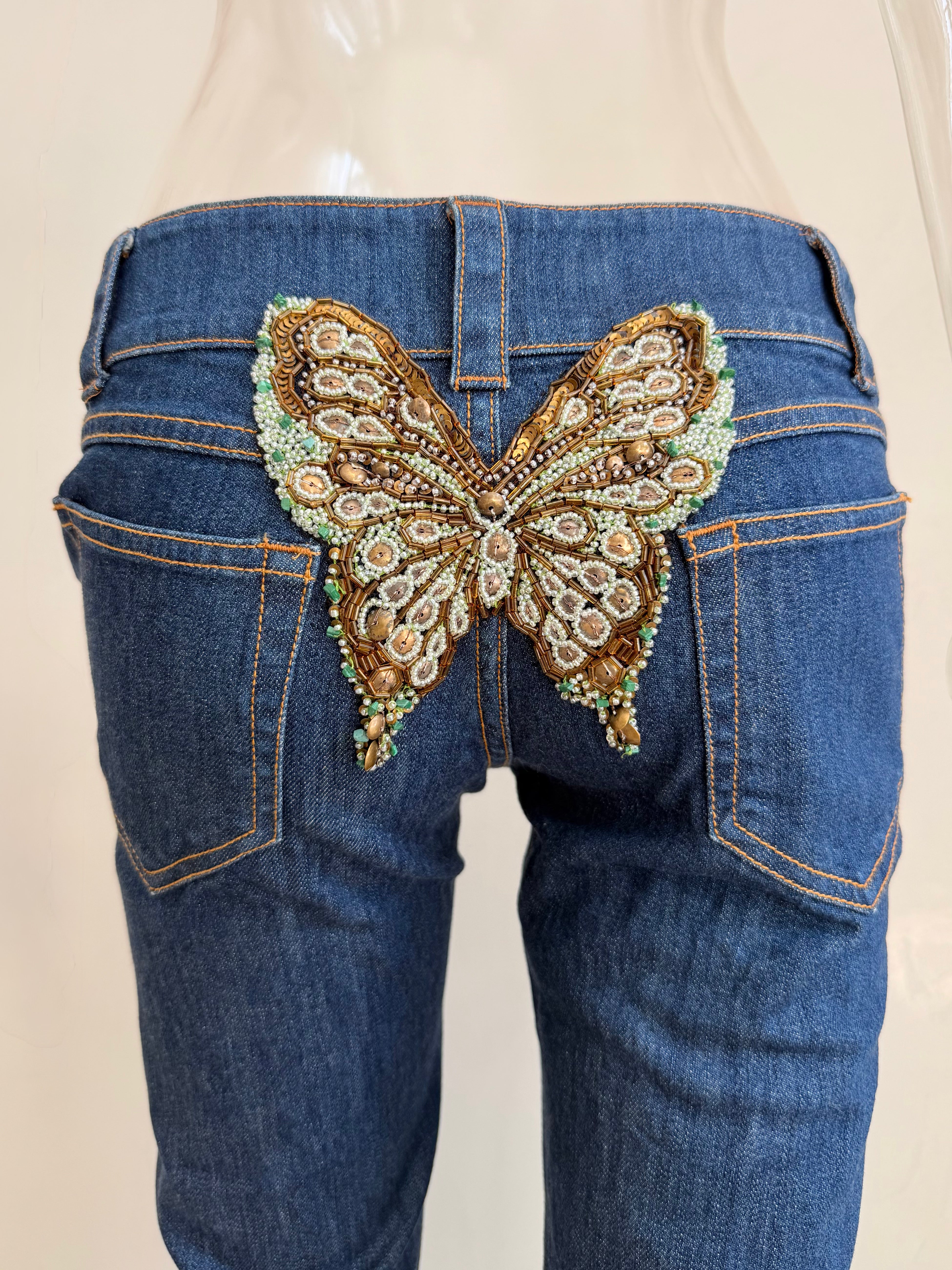 Roma Beaded Butterfly Denim Capris