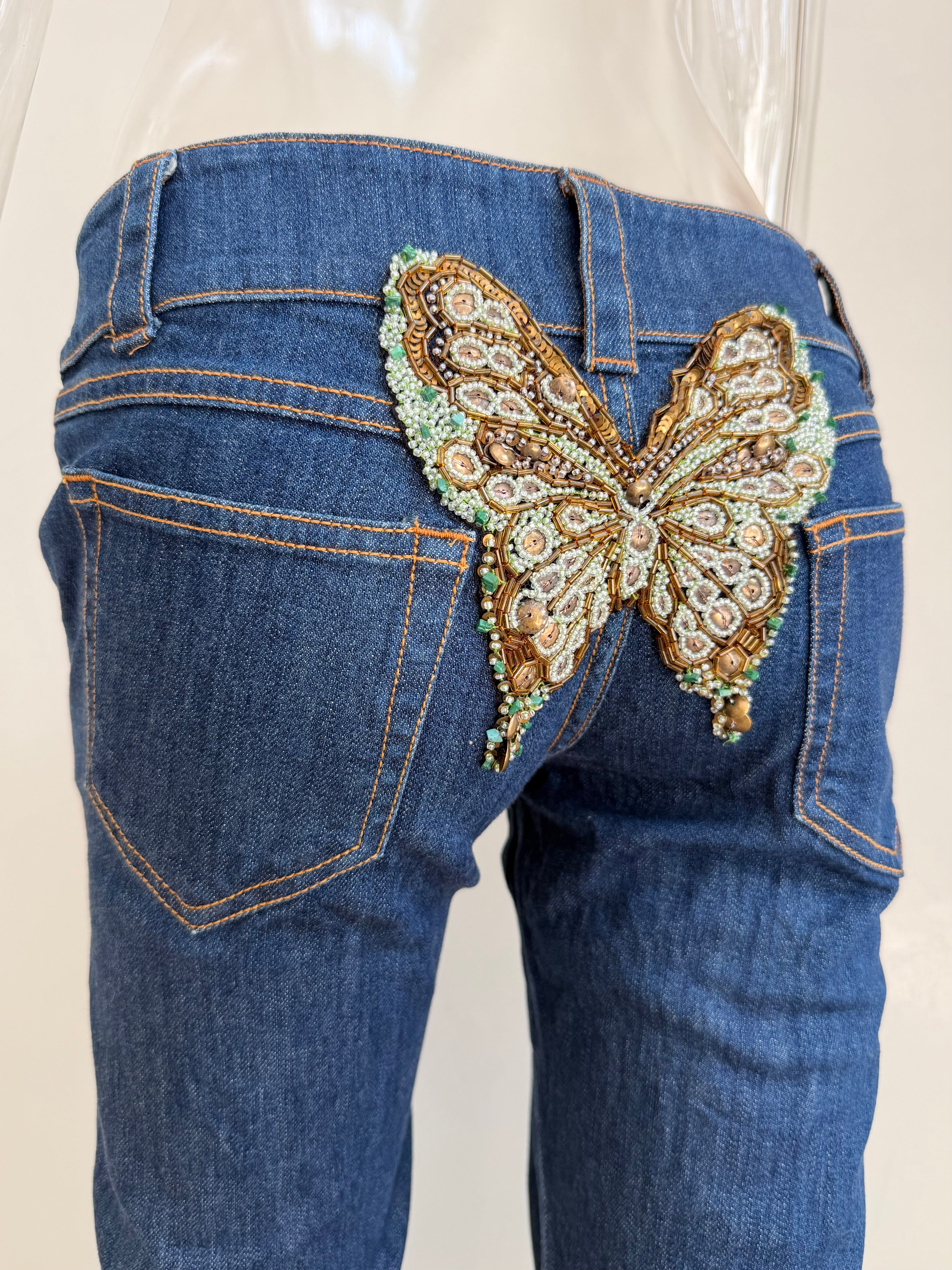 Roma Beaded Butterfly Denim Capris