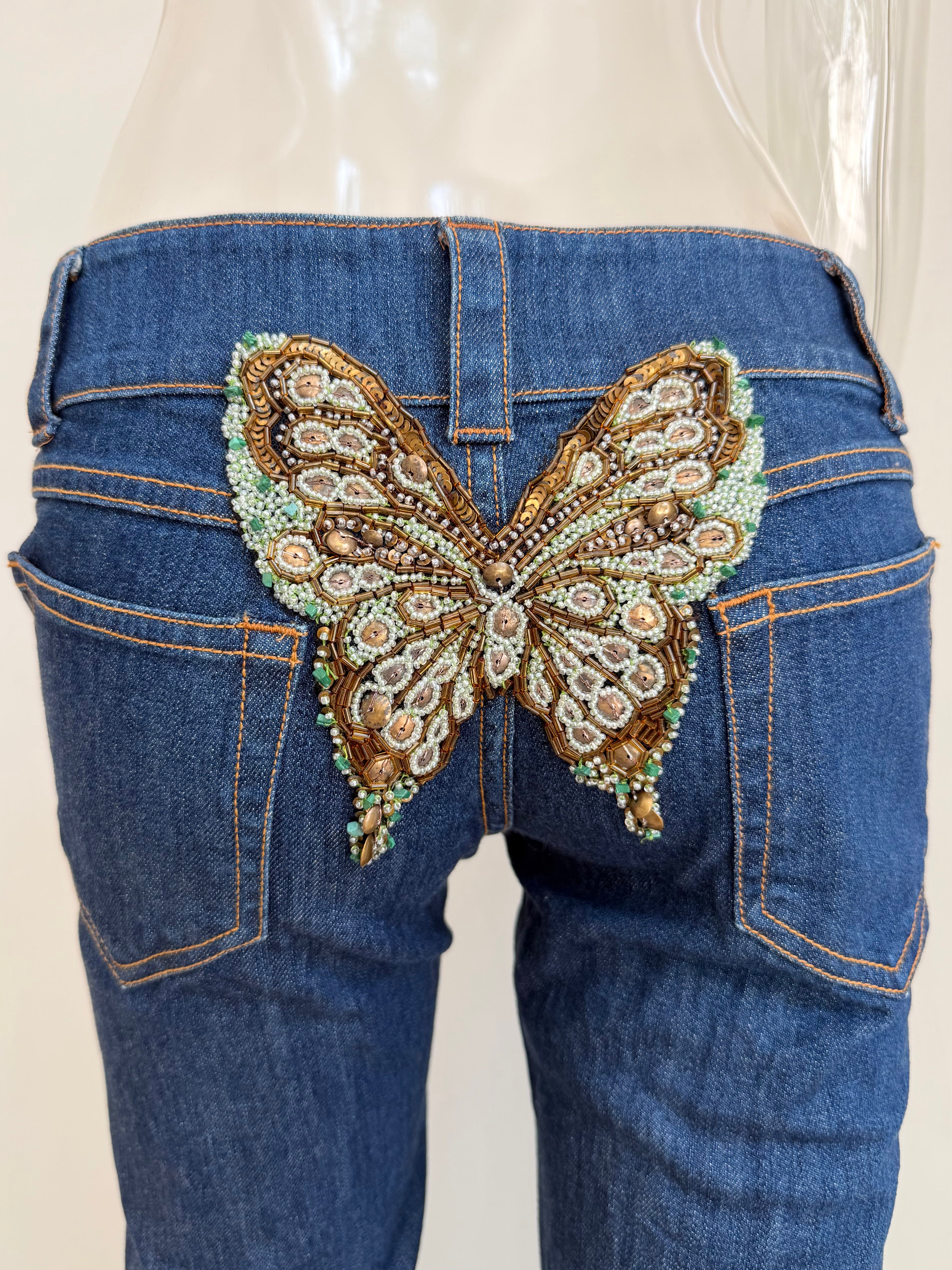 Roma Beaded Butterfly Denim Capris