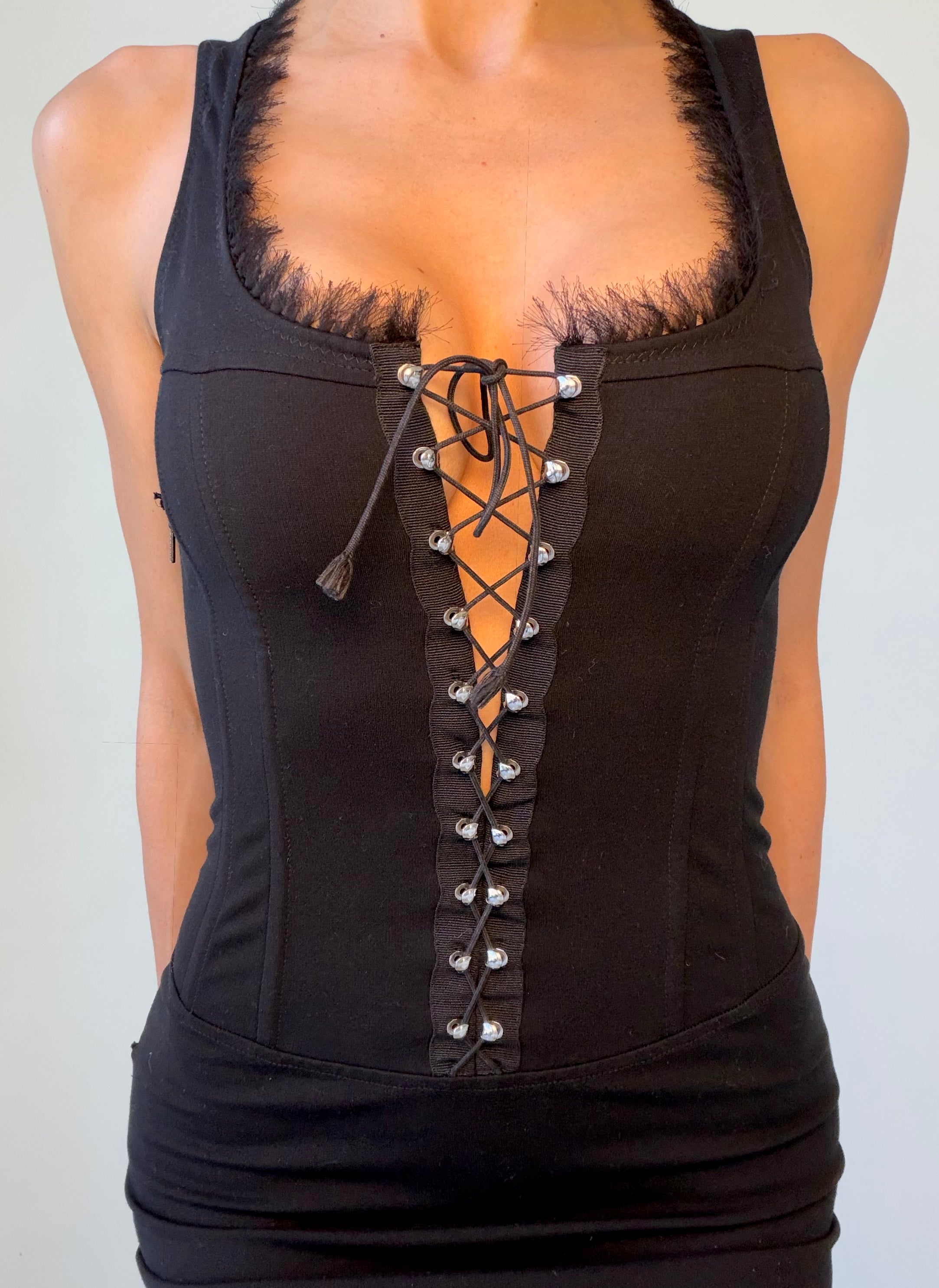 Lace Up Dress with Textured Collar