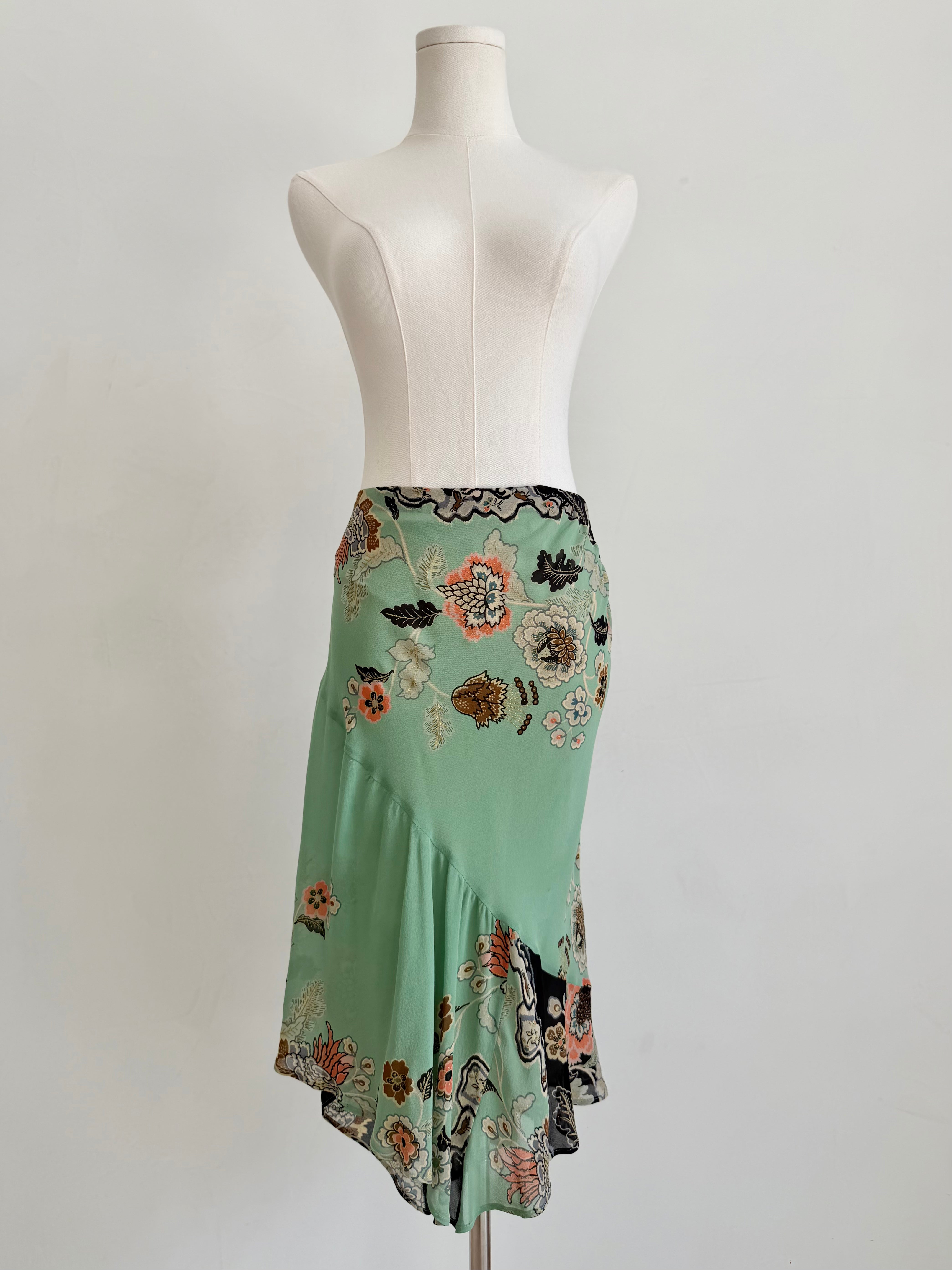 S/S 2003 Mint Chinoiserie Silk Midi Skirt with Slip