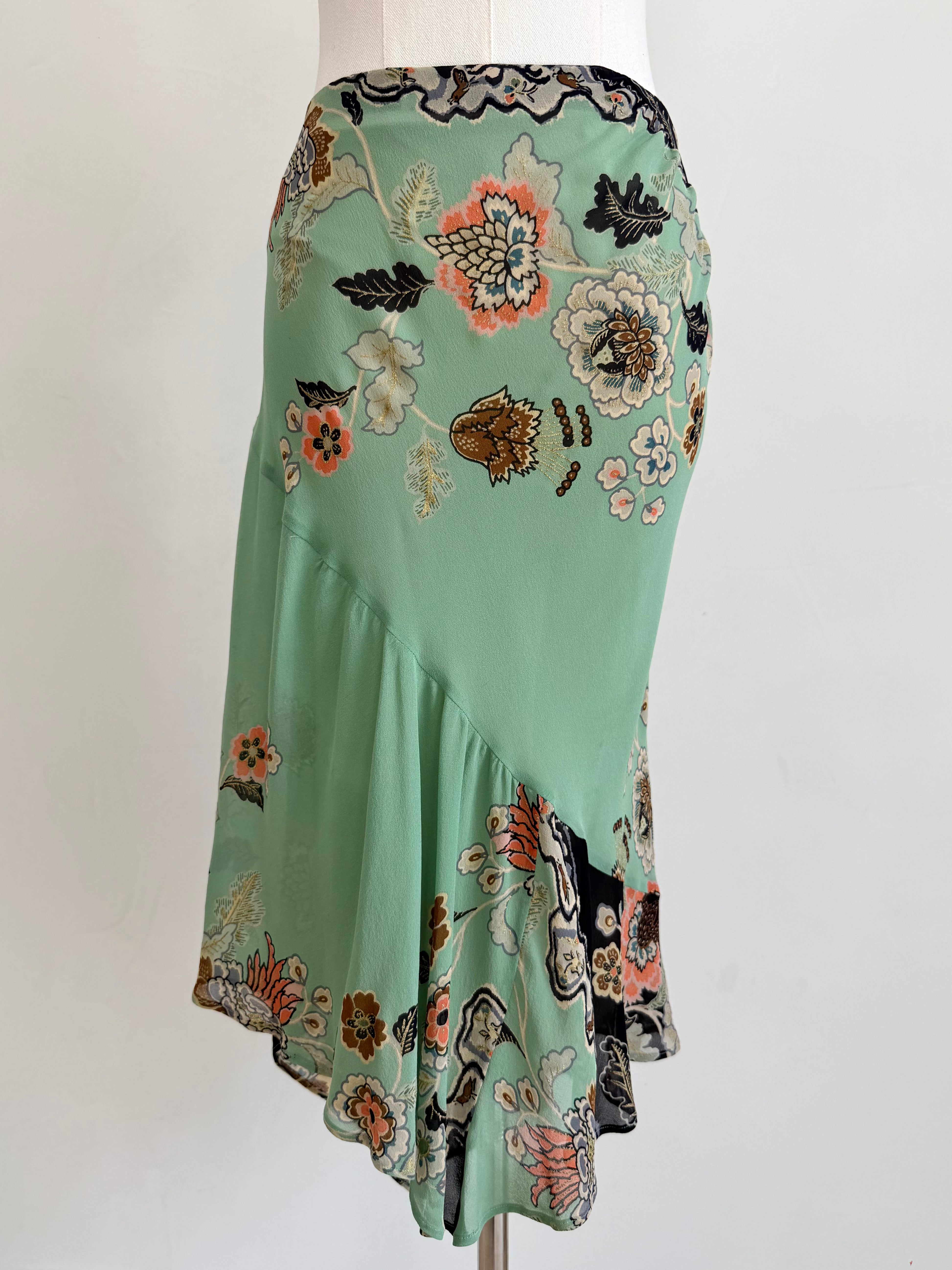 S/S 2003 Mint Chinoiserie Silk Midi Skirt with Slip