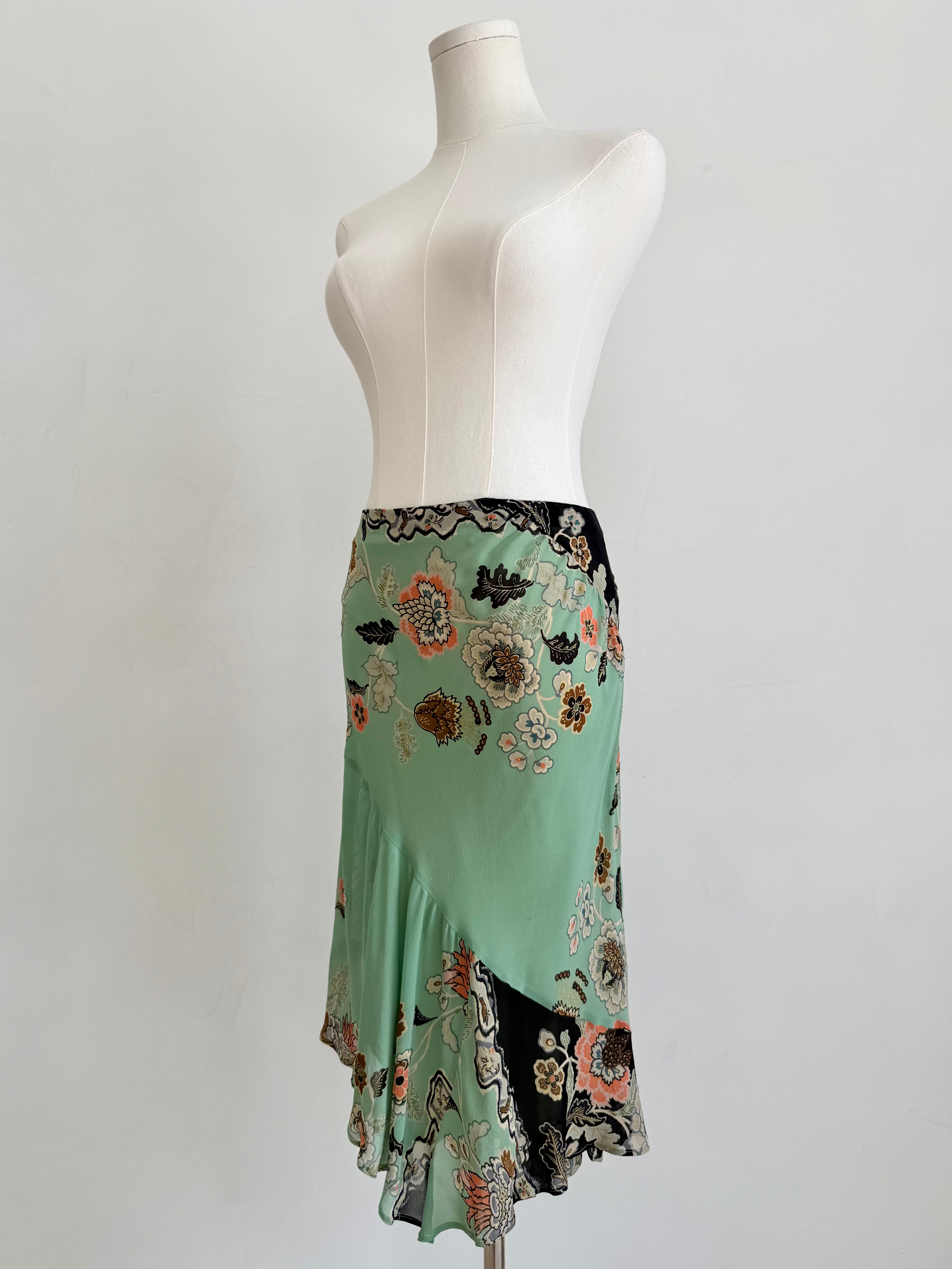 S/S 2003 Mint Chinoiserie Silk Midi Skirt with Slip