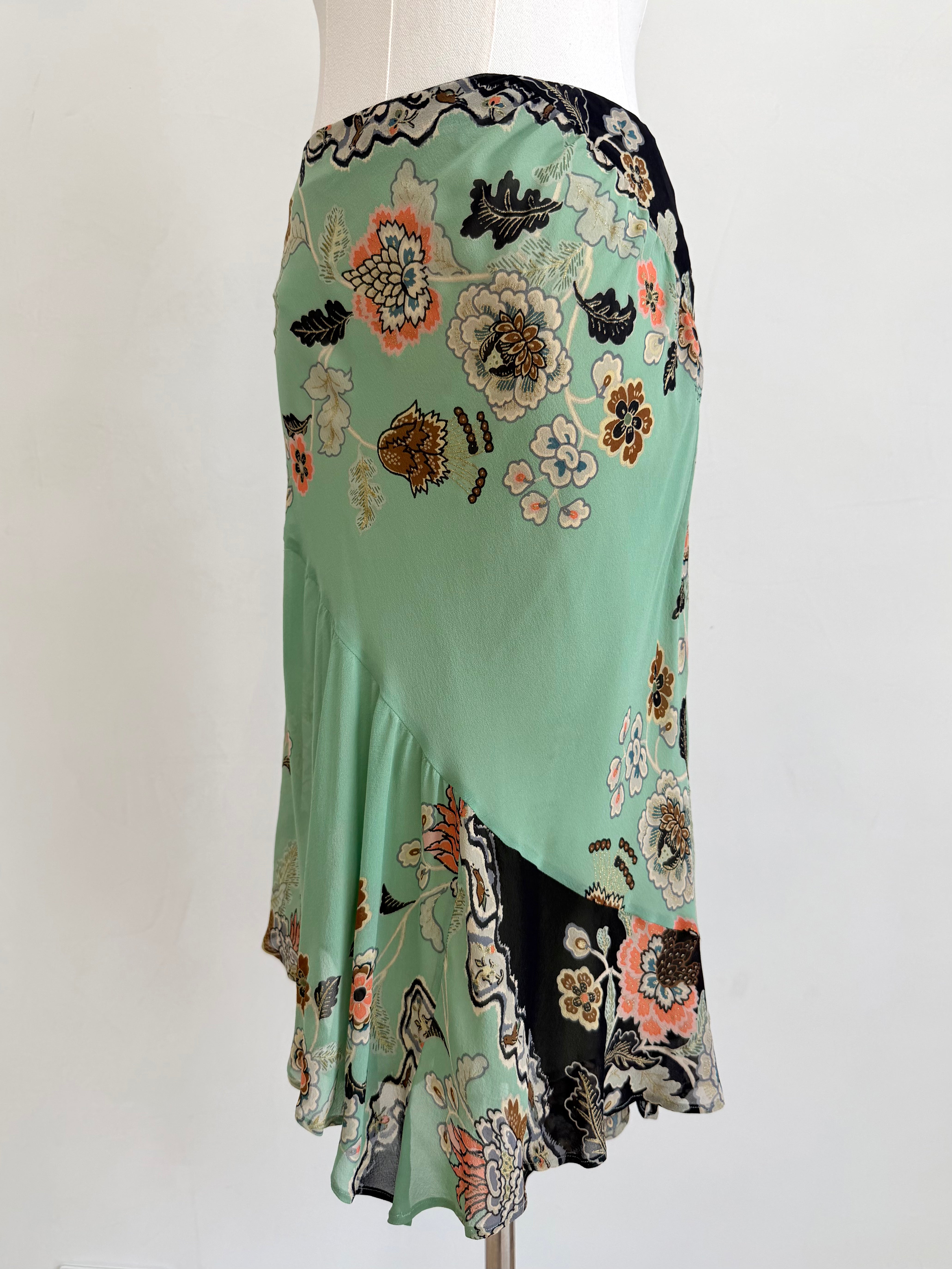 S/S 2003 Mint Chinoiserie Silk Midi Skirt with Slip