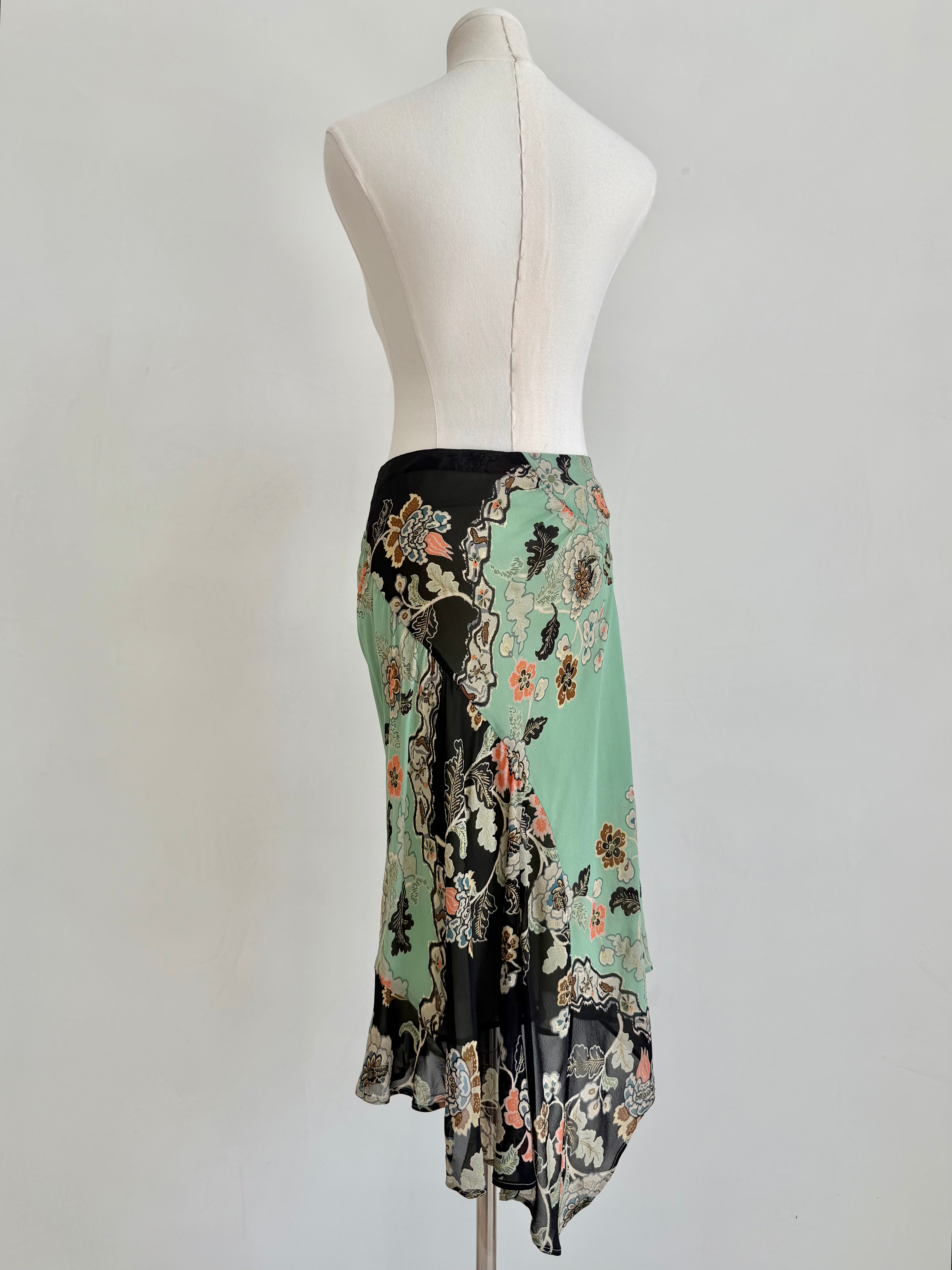S/S 2003 Mint Chinoiserie Silk Midi Skirt with Slip