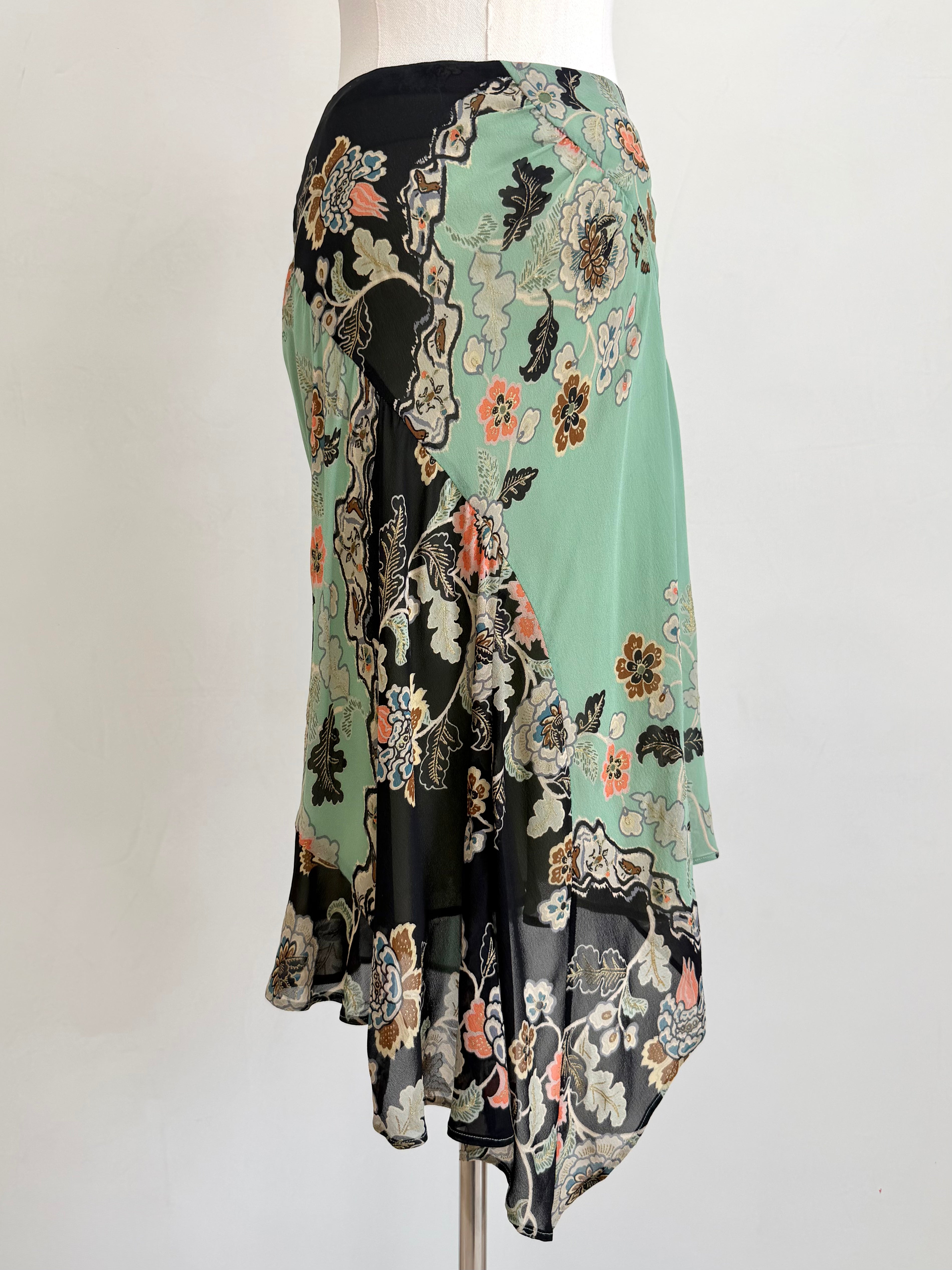 S/S 2003 Mint Chinoiserie Silk Midi Skirt with Slip