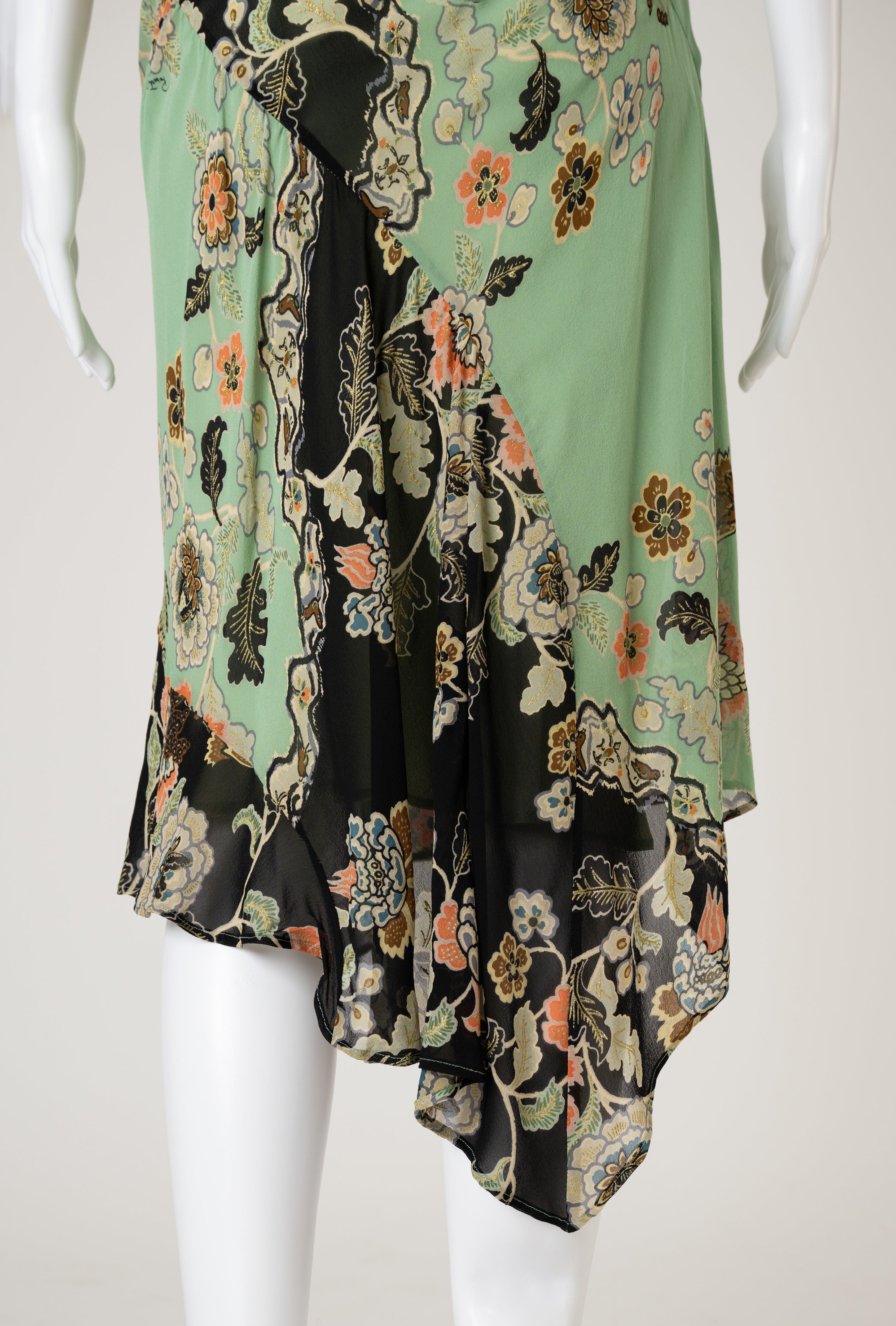 S/S 2003 Mint Chinoiserie Silk Midi Skirt with Slip