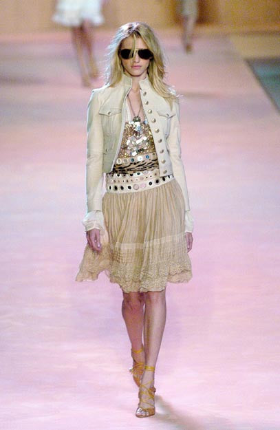 S/S 2005 Tan “Mirror Disc” Embellished Lace-Trim Skirt