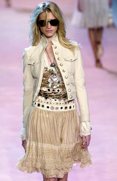 S/S 2005 Tan “Mirror Disc” Embellished Lace-Trim Skirt